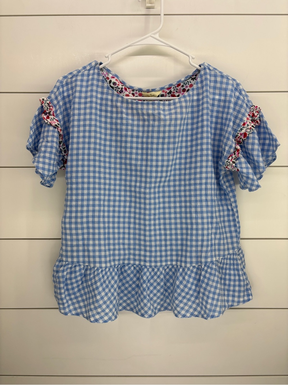 Matilda Jane Blue Gingham Ruffle Sleeve Blouse with Floral Trim